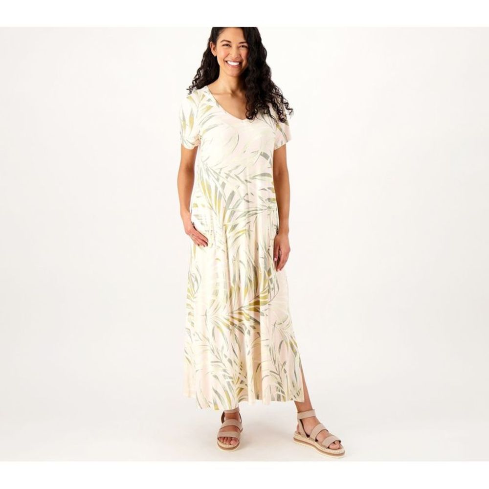 Belle by Kim Gravel Women's Dress Sz L Tall Print/Solid V-Neck Pink A570754